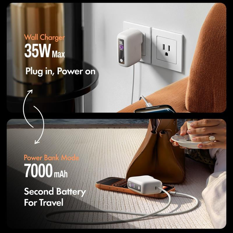 LISEN 3-In-1 Fast Travel Charger, 35W Wall Charger & 27W Power Bank, Portable Charger with Built-In 3.3FT USB-C Cable and Foldable Plug, 7000Mah Battery Pack for Iphone 17/16 Series, Galaxy, Pixel 10