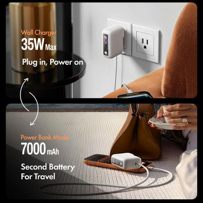 LISEN 3-In-1 Fast Travel Charger, 35W Wall Charger & 27W Power Bank, Portable Charger with Built-In 3.3FT USB-C Cable and Foldable Plug, 7000Mah Battery Pack for Iphone 17/16 Series, Galaxy, Pixel 10