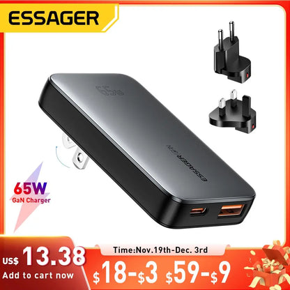 Ultra Thin 65W GaN Travel Charger with Quick Charge 4.0, PD 3.0, and PPS for iPhone, Samsung, and MacBook Laptops