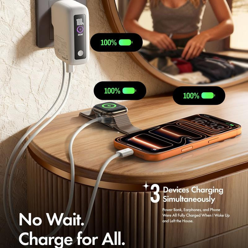 LISEN 3-In-1 Fast Travel Charger, 35W Wall Charger & 27W Power Bank, Portable Charger with Built-In 3.3FT USB-C Cable and Foldable Plug, 7000Mah Battery Pack for Iphone 17/16 Series, Galaxy, Pixel 10