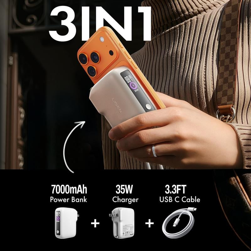 LISEN 3-In-1 Fast Travel Charger, 35W Wall Charger & 27W Power Bank, Portable Charger with Built-In 3.3FT USB-C Cable and Foldable Plug, 7000Mah Battery Pack for Iphone 17/16 Series, Galaxy, Pixel 10