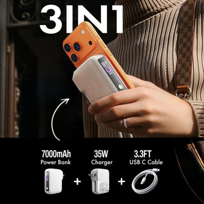 LISEN 3-In-1 Fast Travel Charger, 35W Wall Charger & 27W Power Bank, Portable Charger with Built-In 3.3FT USB-C Cable and Foldable Plug, 7000Mah Battery Pack for Iphone 17/16 Series, Galaxy, Pixel 10