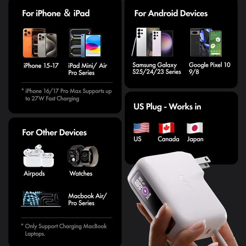 LISEN 3-In-1 Fast Travel Charger, 35W Wall Charger & 27W Power Bank, Portable Charger with Built-In 3.3FT USB-C Cable and Foldable Plug, 7000Mah Battery Pack for Iphone 17/16 Series, Galaxy, Pixel 10