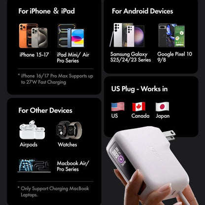 LISEN 3-In-1 Fast Travel Charger, 35W Wall Charger & 27W Power Bank, Portable Charger with Built-In 3.3FT USB-C Cable and Foldable Plug, 7000Mah Battery Pack for Iphone 17/16 Series, Galaxy, Pixel 10